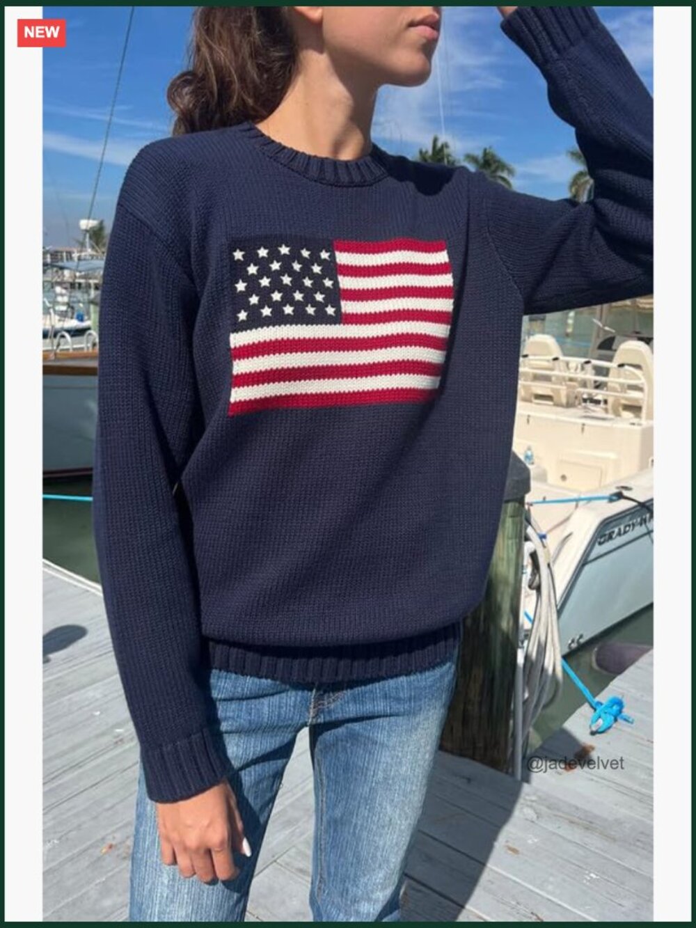 American Flag Crew Neck Sweater - Long Sleeve Loose Knit Pullover Top - Picture 5 of 7